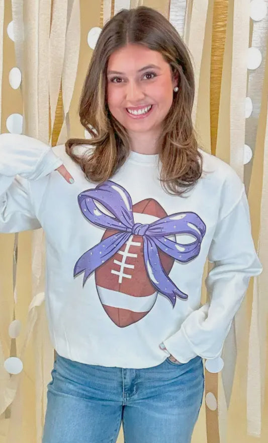 Purple Football Bow Rhinestone Graphic Long Sleeve T-Shirt