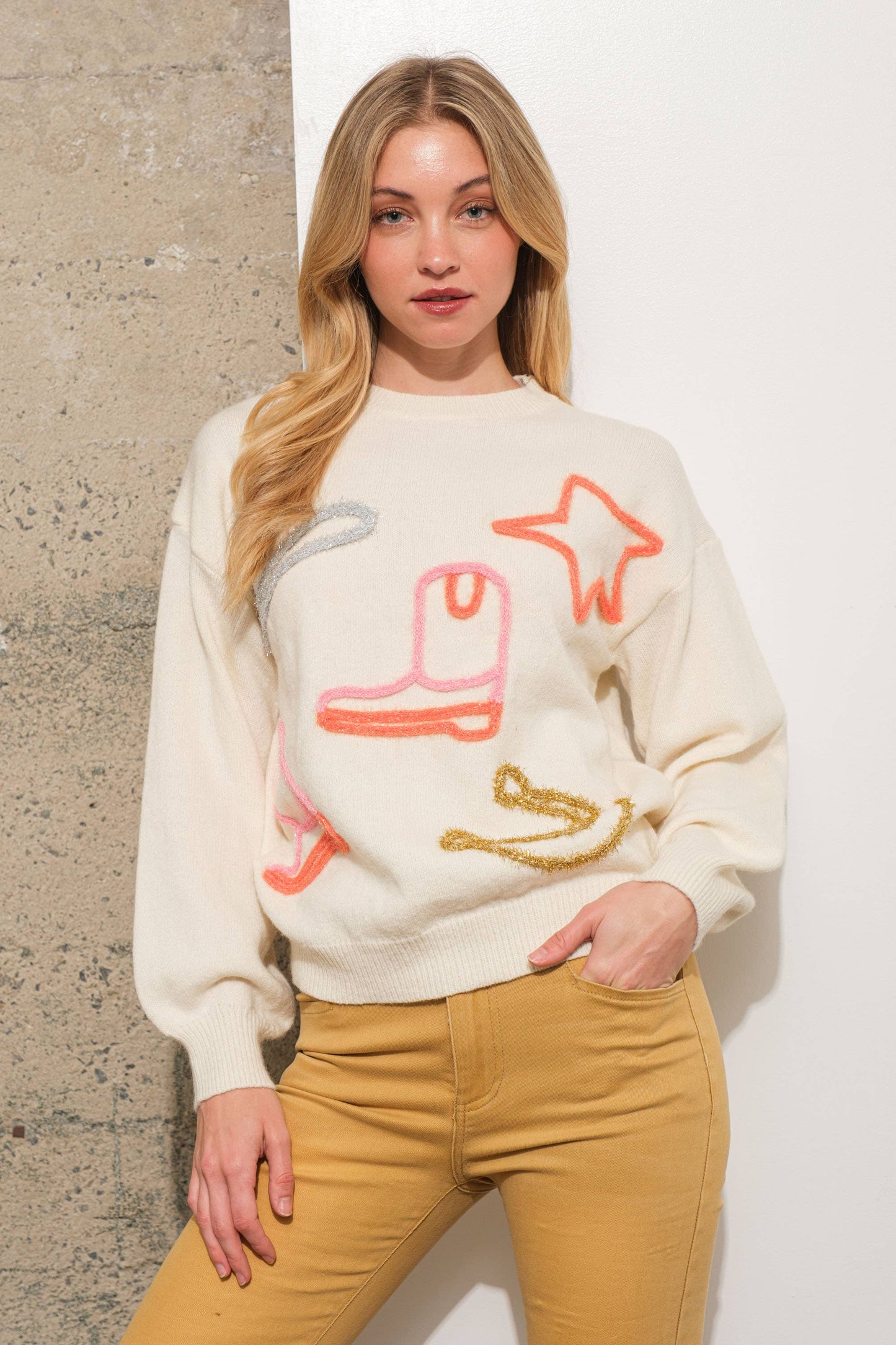 Metallic Yarn Star Cowboy Pullover Sweater