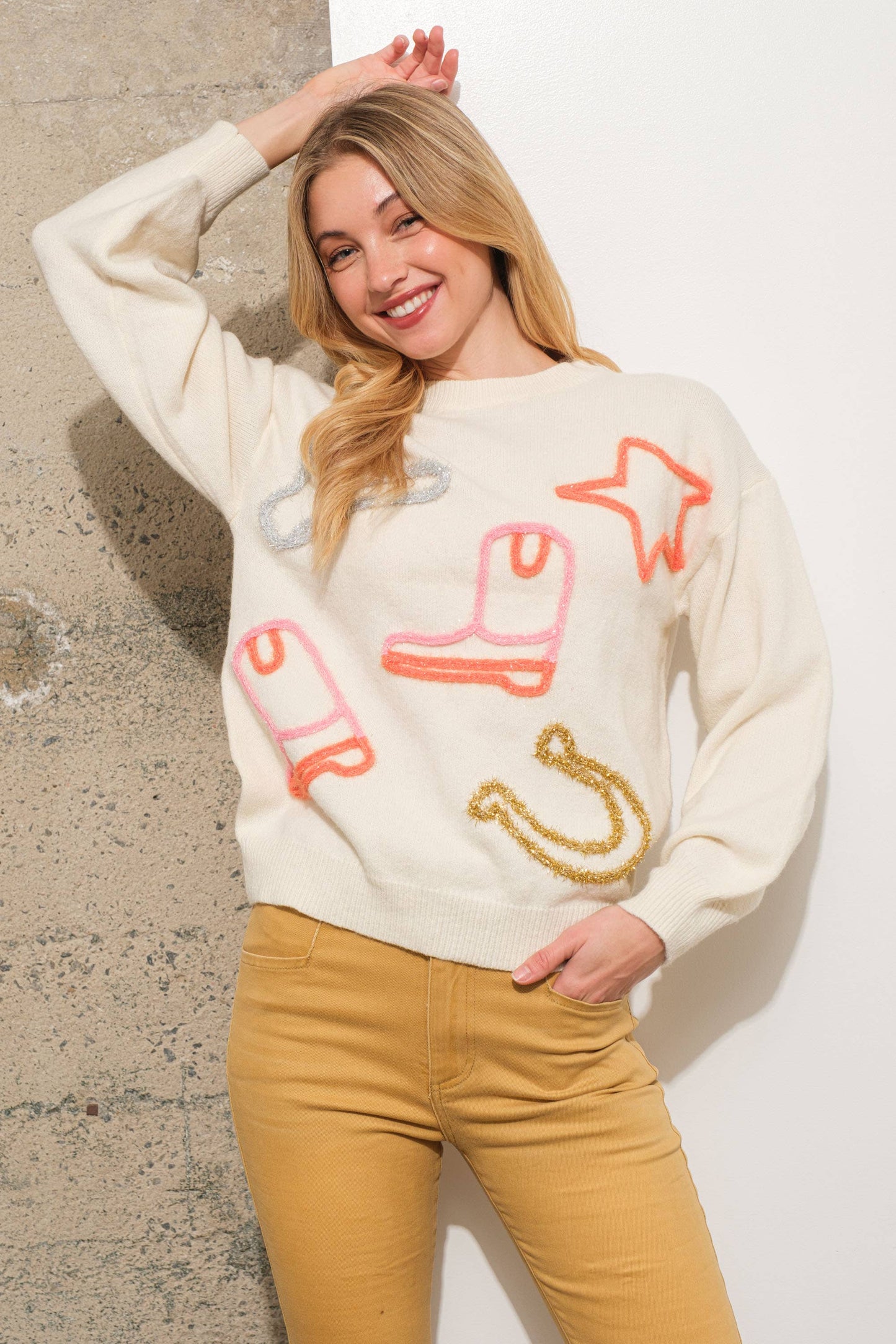 Metallic Yarn Star Cowboy Pullover Sweater