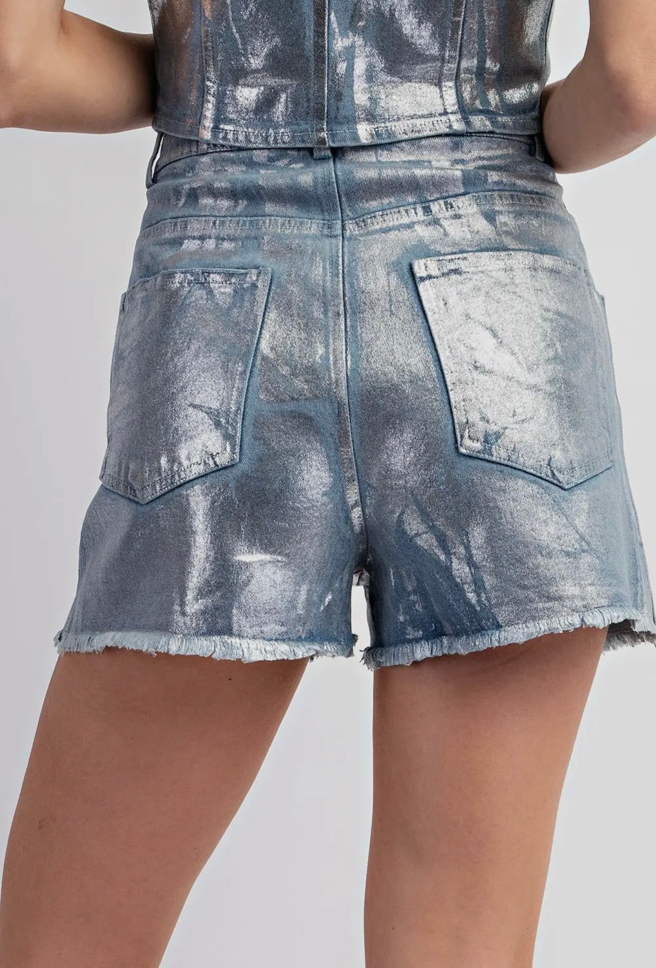 SILVER FOILED DENIM SHORTS