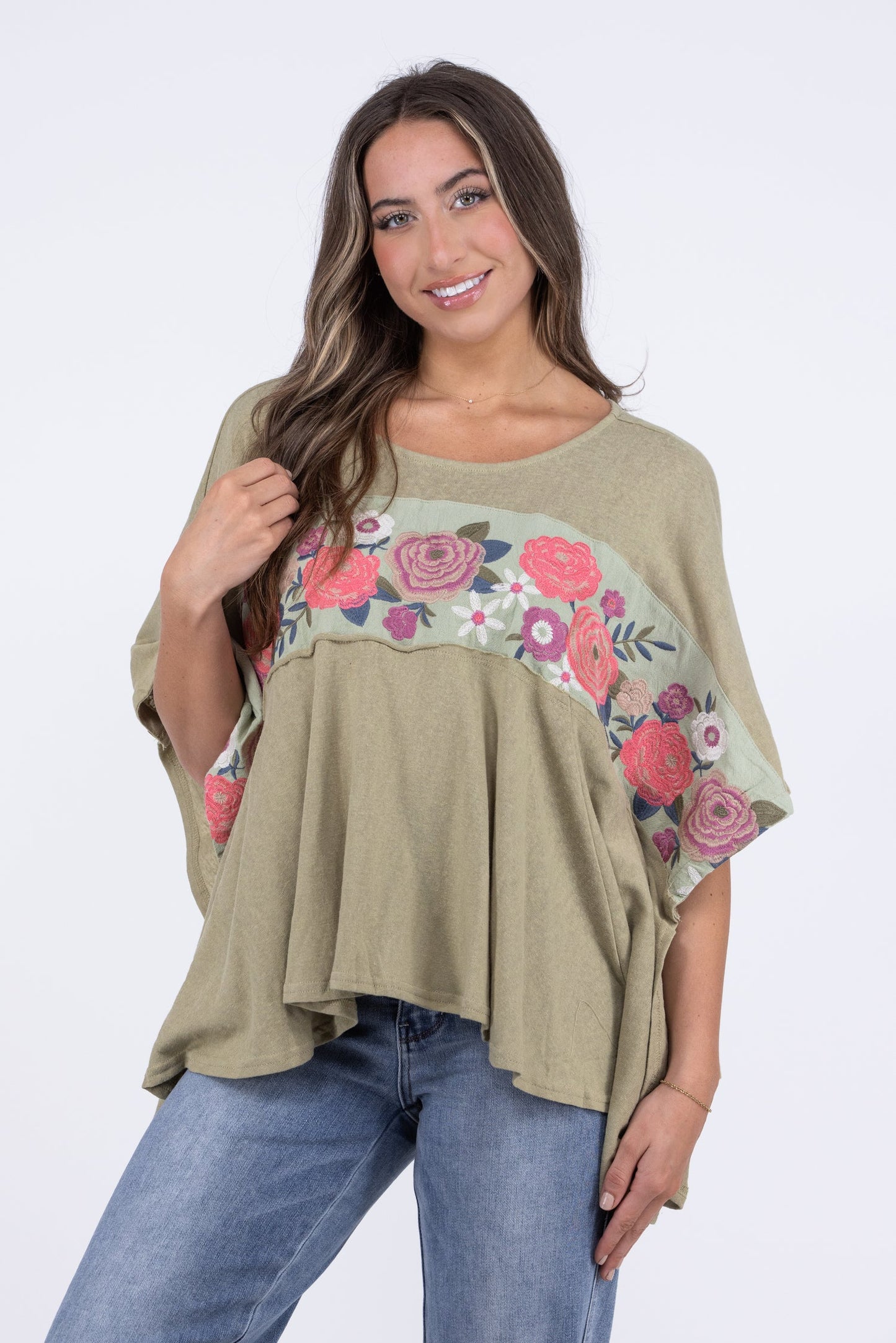 Poncho Top w Embroidered Flowers