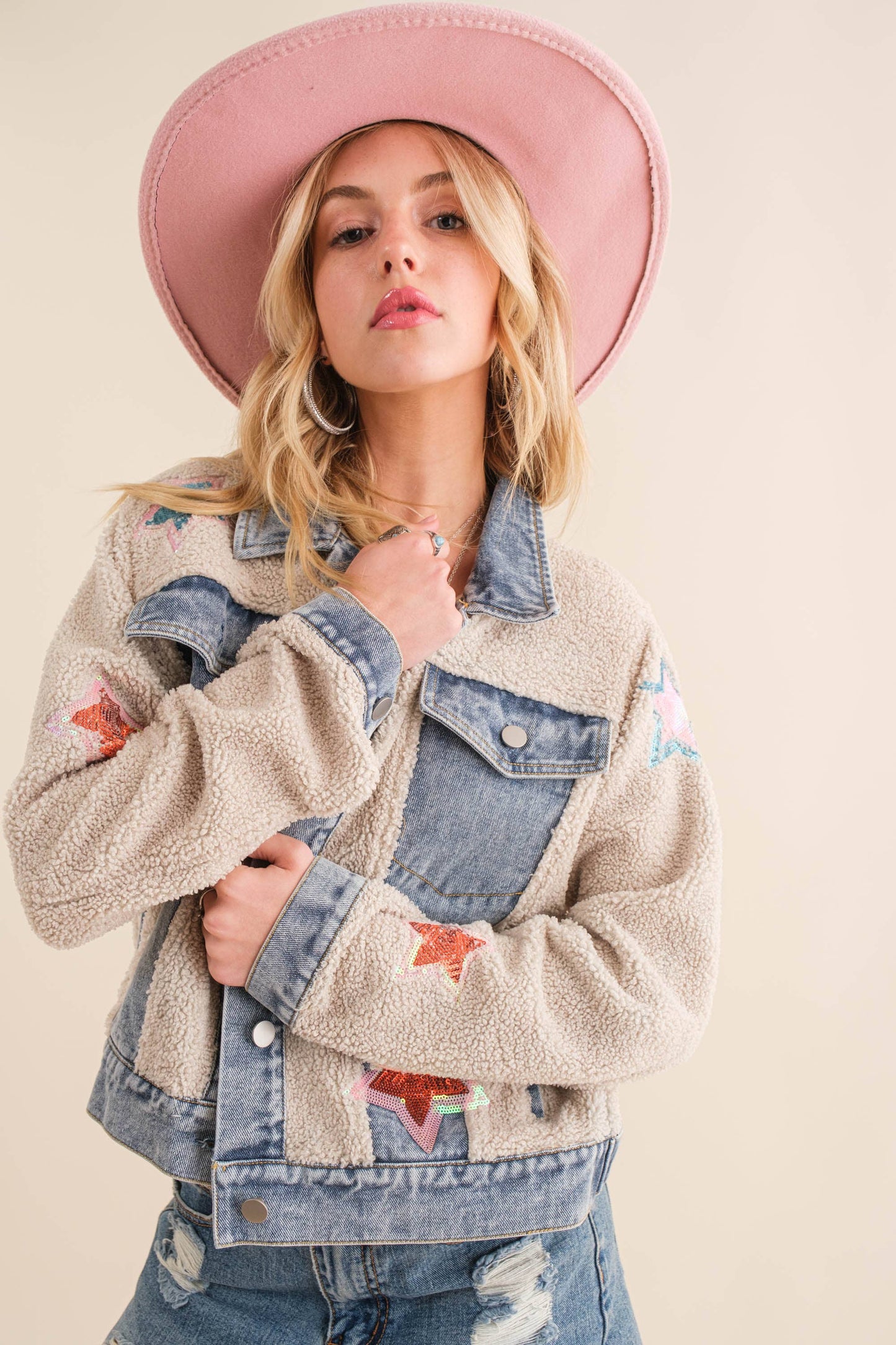 Teddy Denim Contrast Yee Haw Sequin Star Jacket