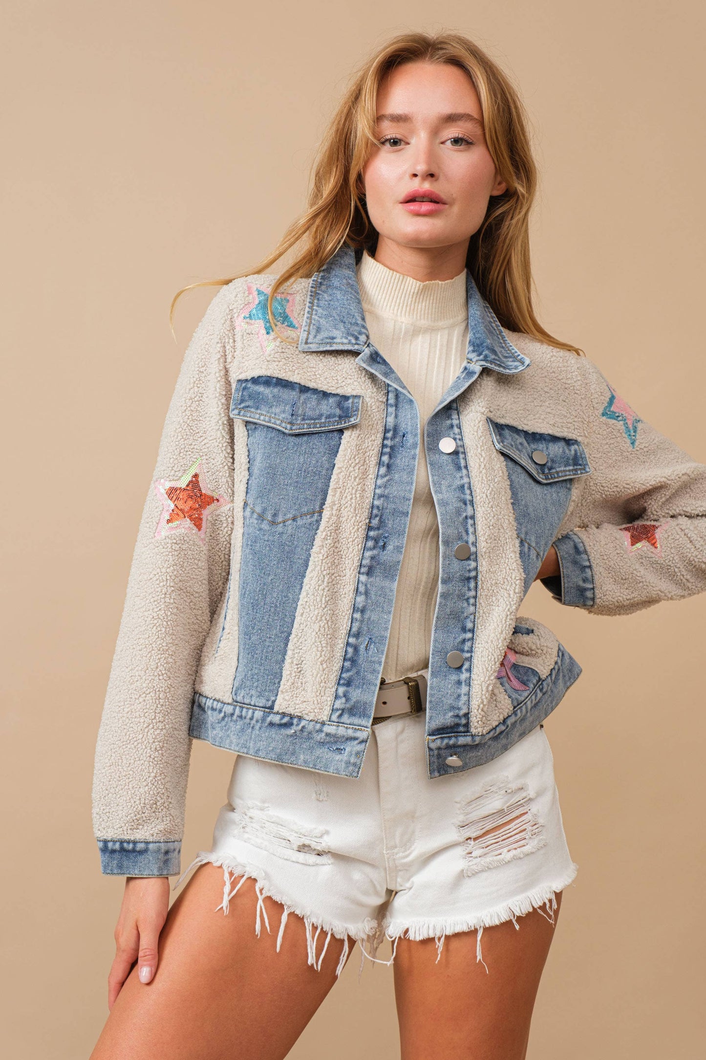 Teddy Denim Contrast Yee Haw Sequin Star Jacket