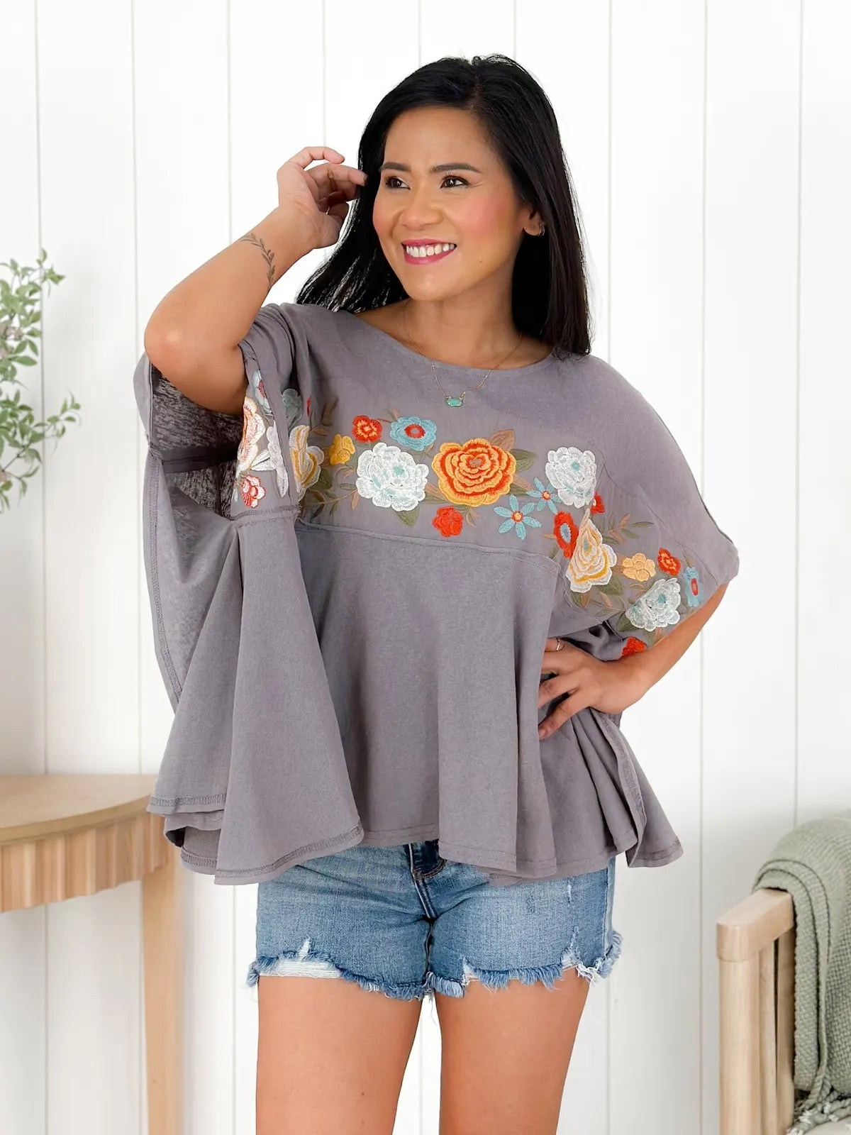 Poncho Top w Embroidered Flowers