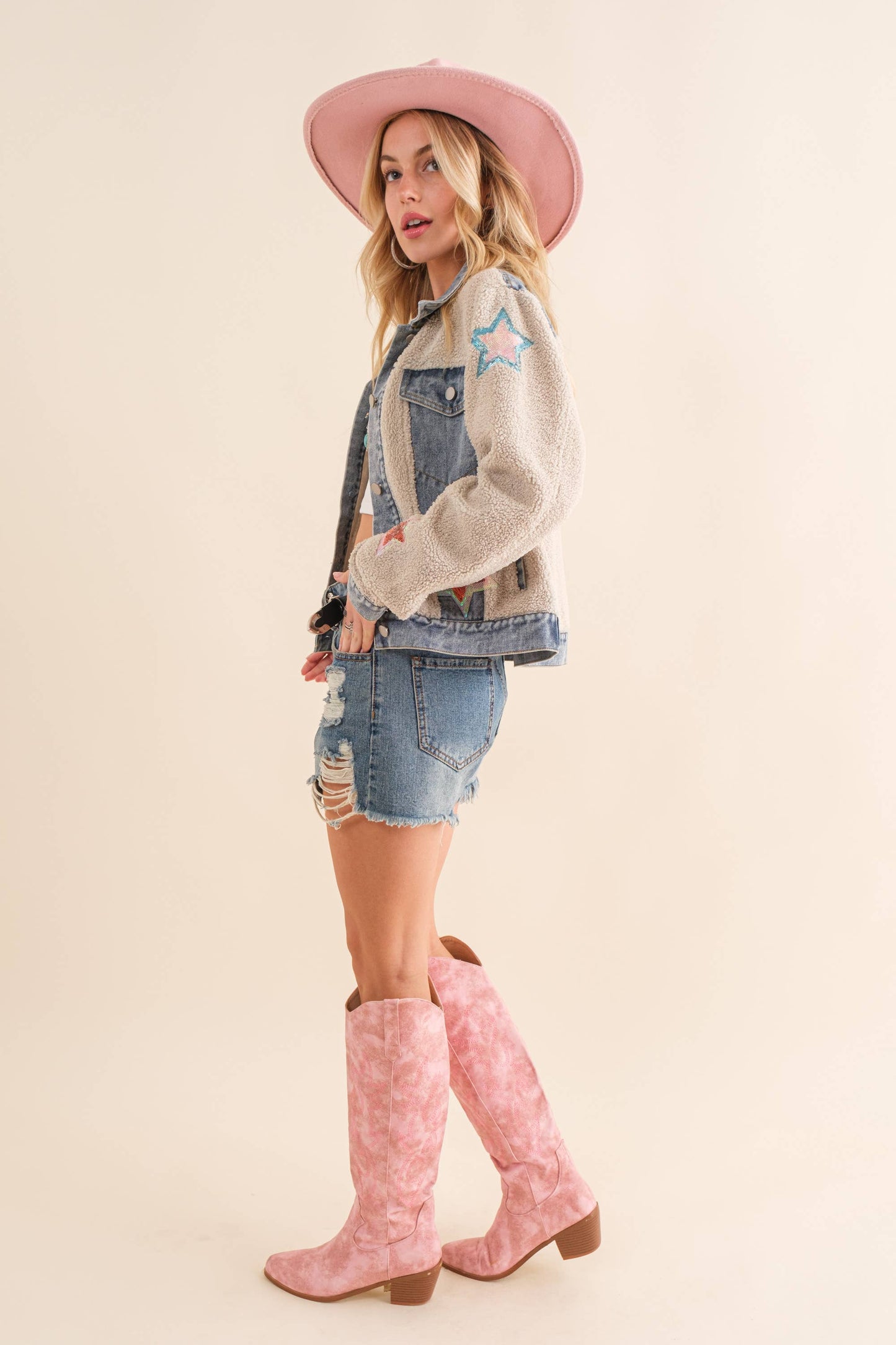 Teddy Denim Contrast Yee Haw Sequin Star Jacket