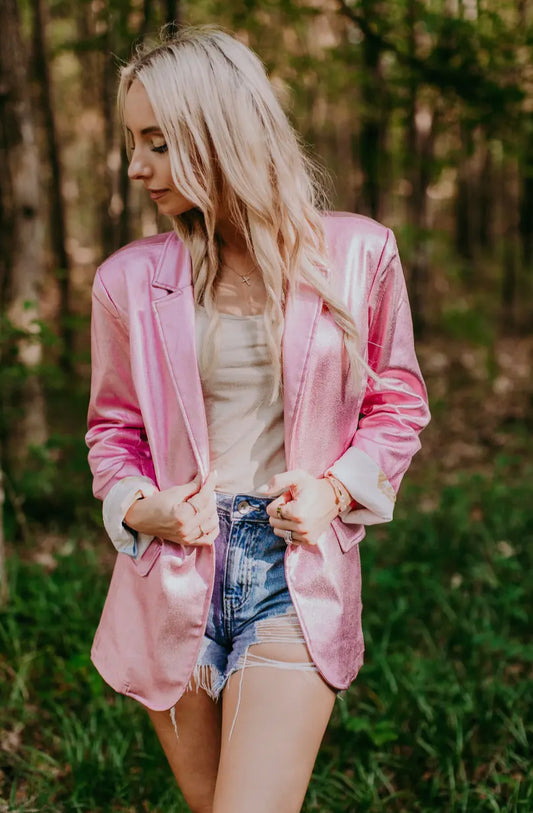 Pink Metallic Faux Leather Blazer