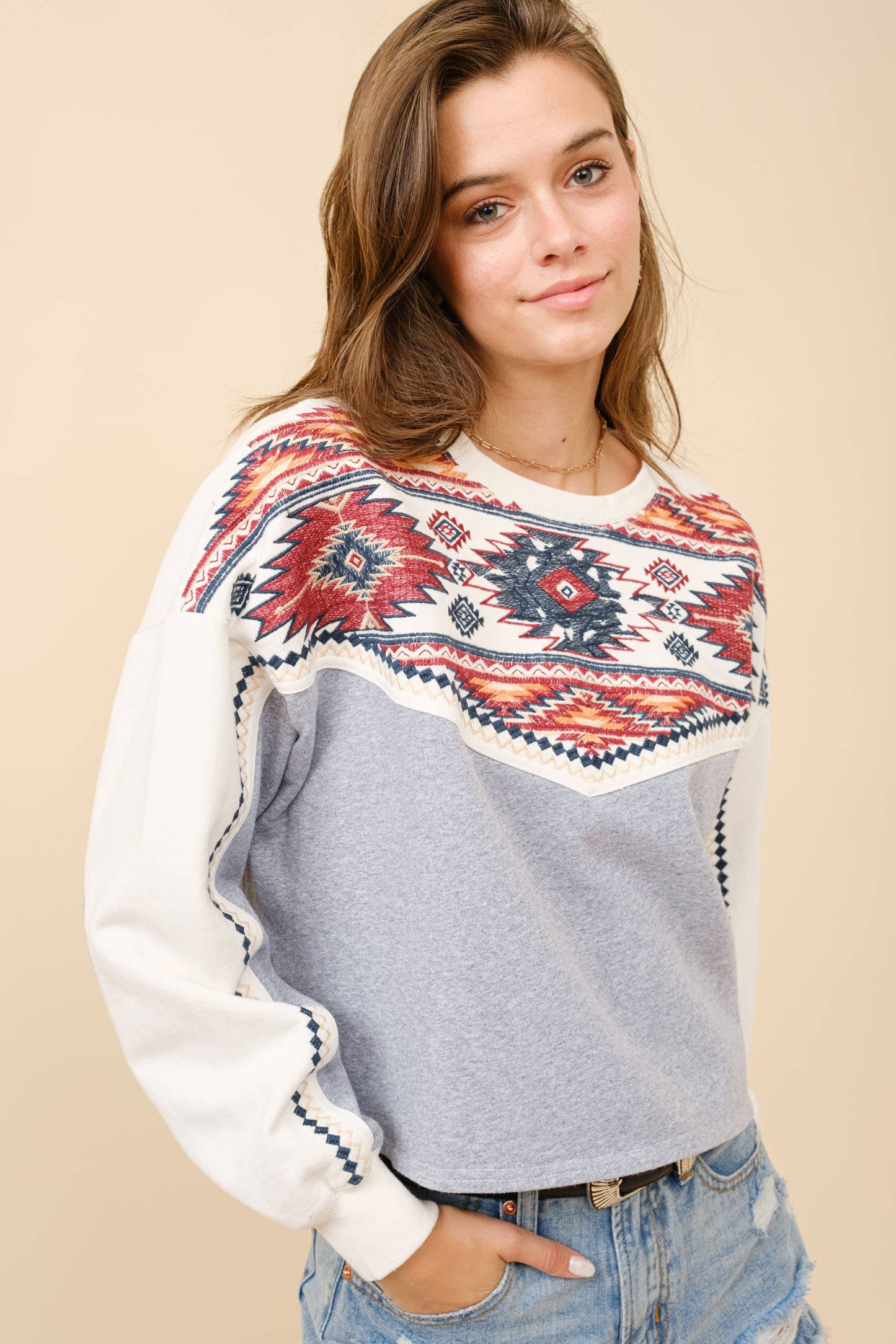 Aztec Embroidered Contrast Yoke Sweastshirt