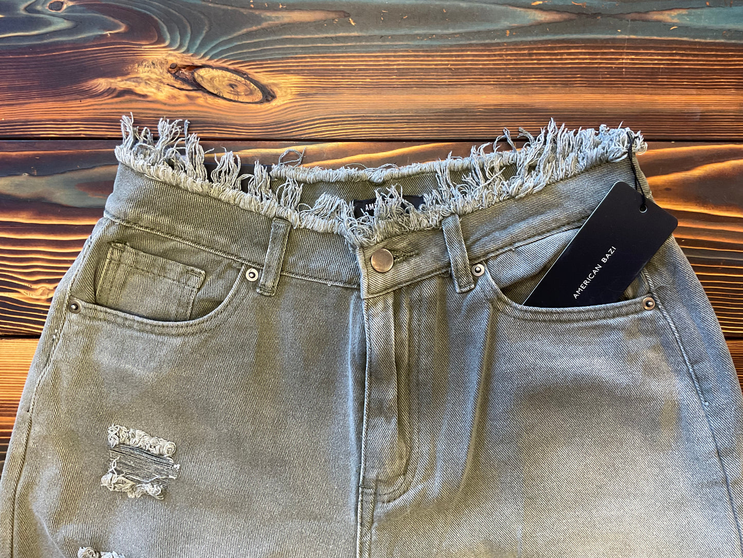 American Bazi Green Distressed Wide Leg Jeans