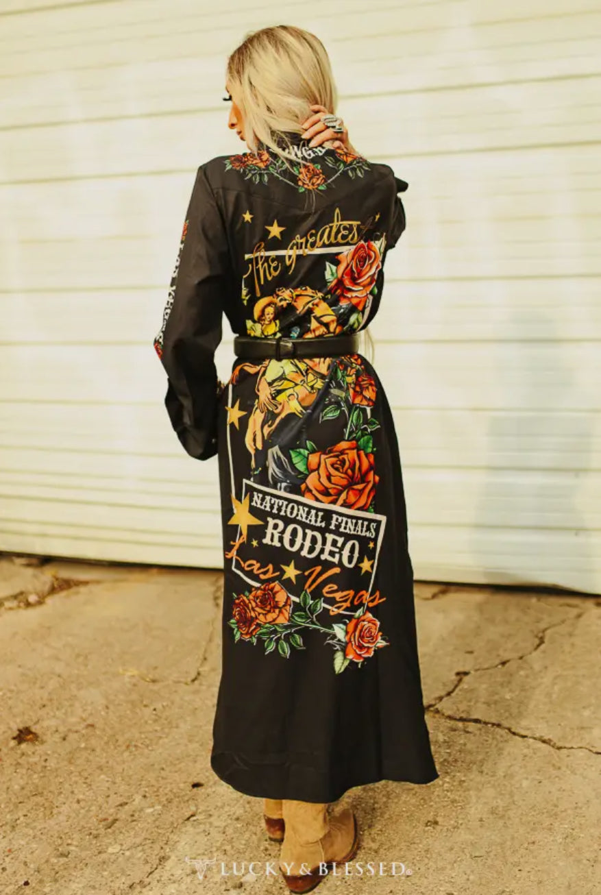 Black Rodeo Horse Rose Button Down Maxi Shirt Dress