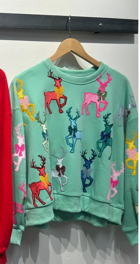 QOS Velvet Reindeer W Bows Sweatshirt