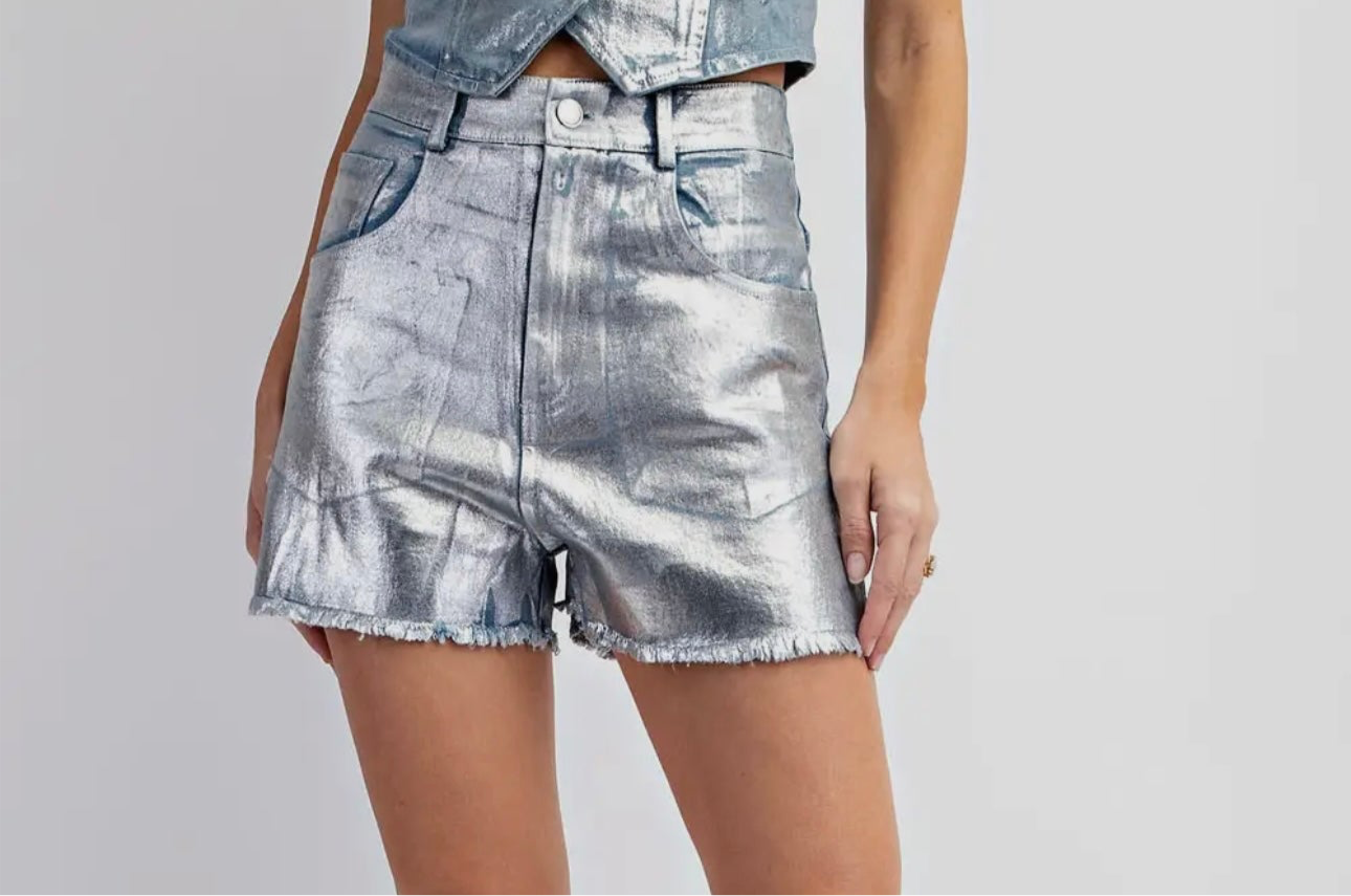 SILVER FOILED DENIM SHORTS