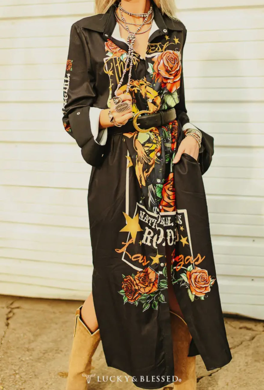 Black Rodeo Horse Rose Button Down Maxi Shirt Dress