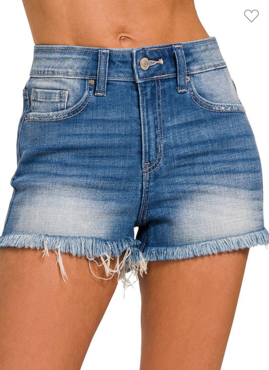 Mid-Rise Frayed Denim Shorts