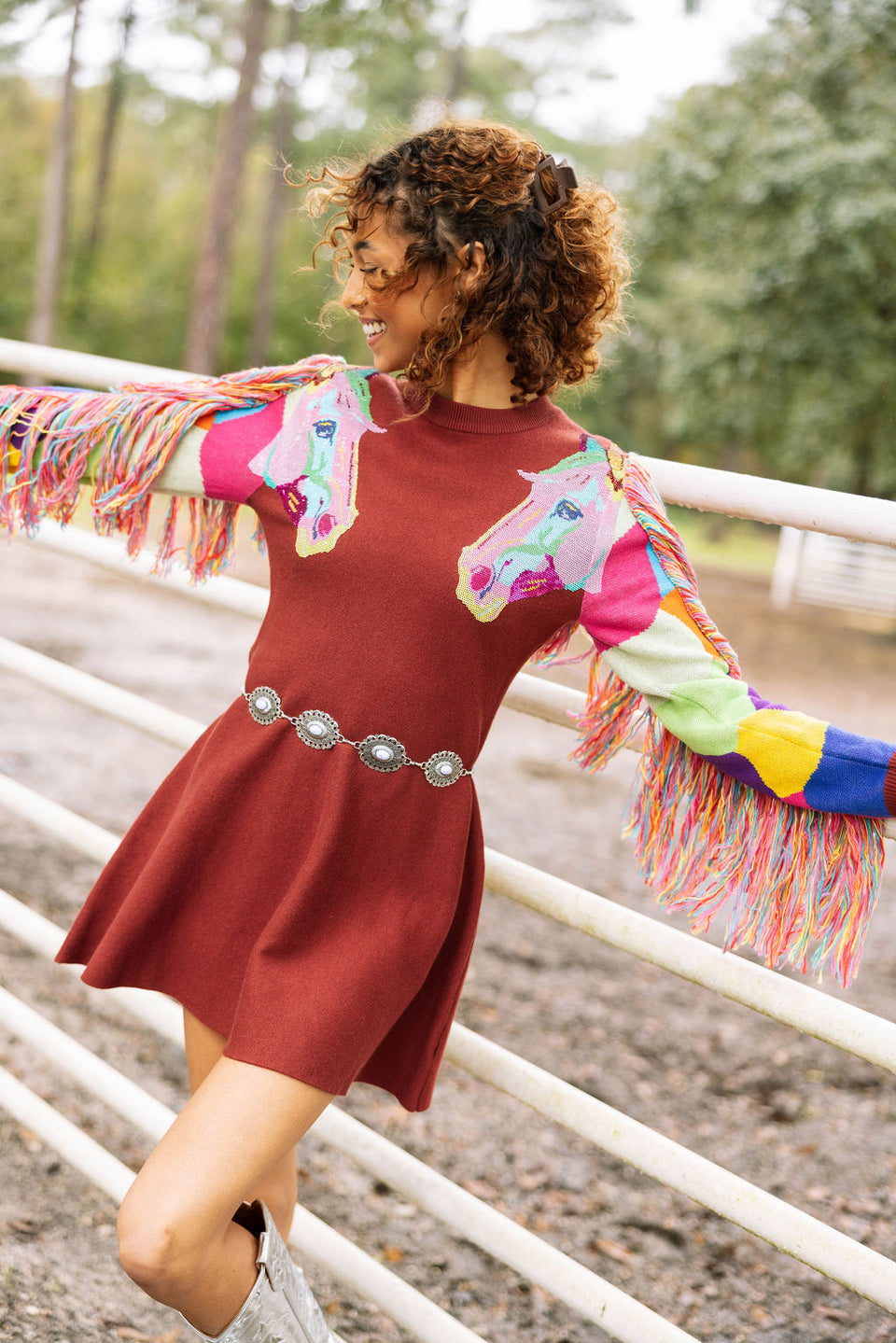 Queen Of Sparkles Brown Fringe Rainbow Horse Sweater Dress