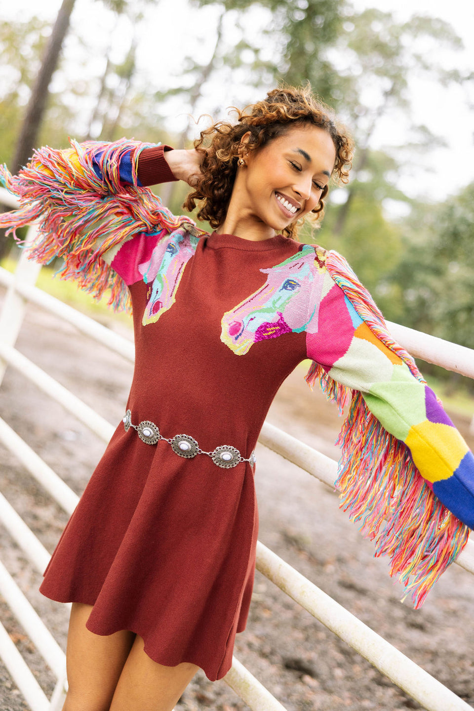 Queen Of Sparkles Brown Fringe Rainbow Horse Sweater Dress