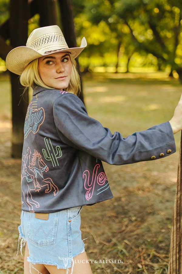 Grey Suede Button Down Printed Yeehaw Western Jacket