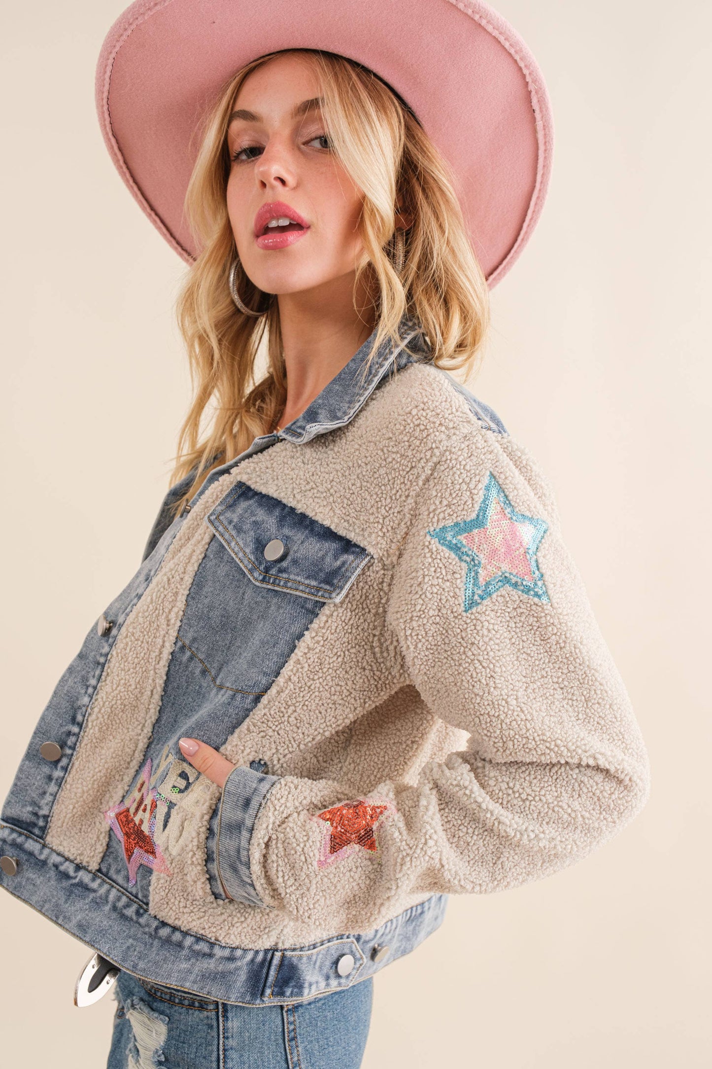 Teddy Denim Contrast Yee Haw Sequin Star Jacket