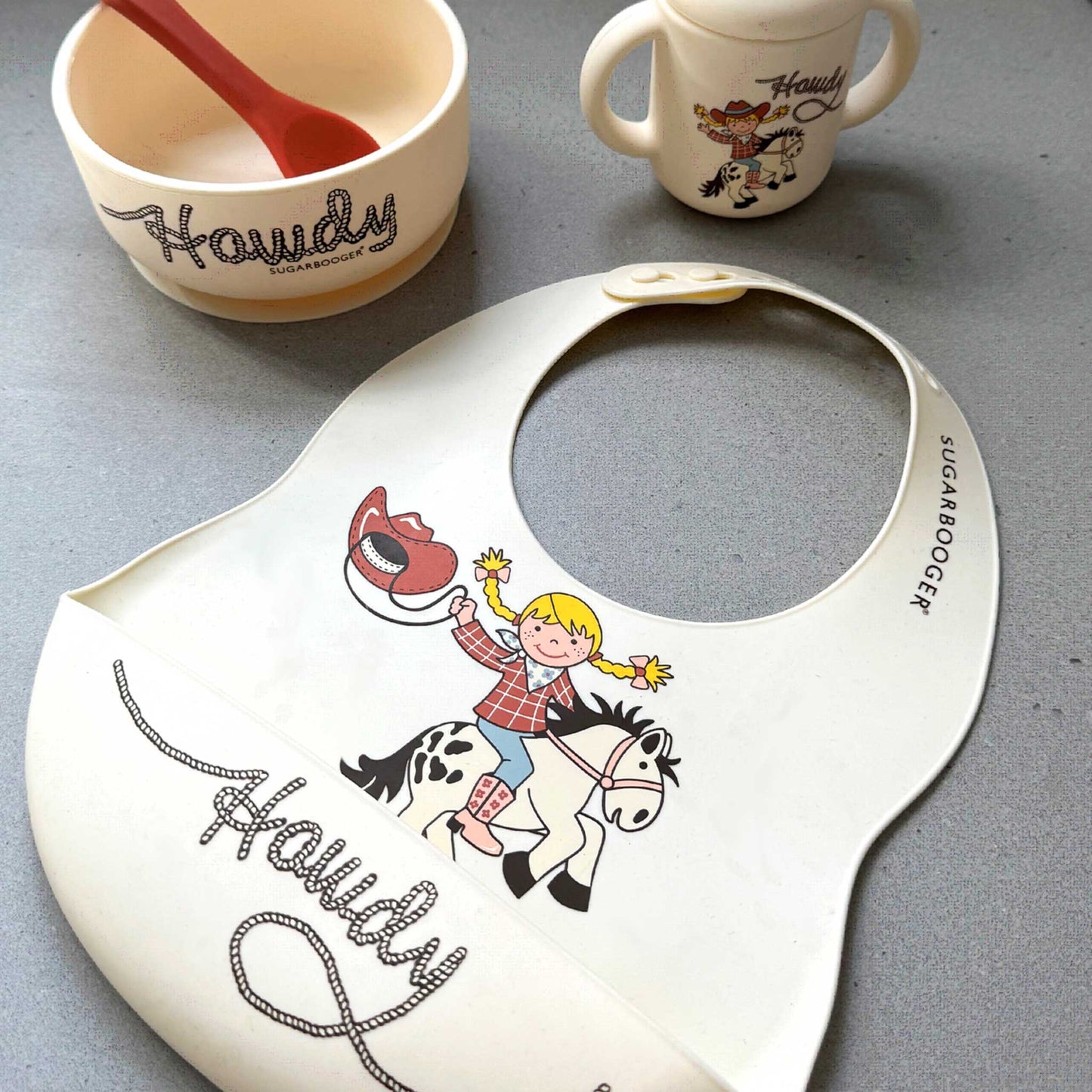 Fresh & Messy Silicone Bib & Spoon Set | Howdy Cowgirl