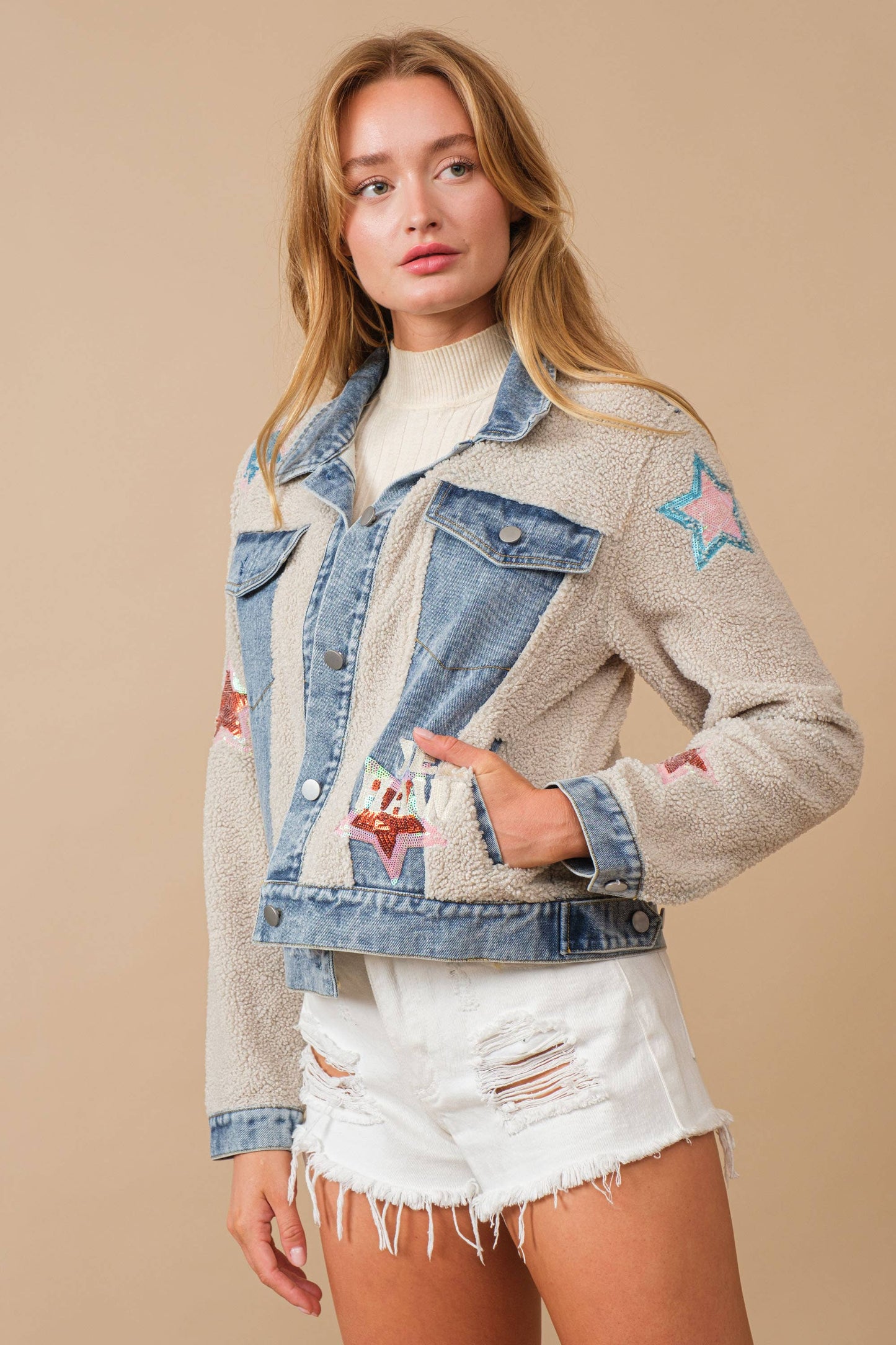 Teddy Denim Contrast Yee Haw Sequin Star Jacket